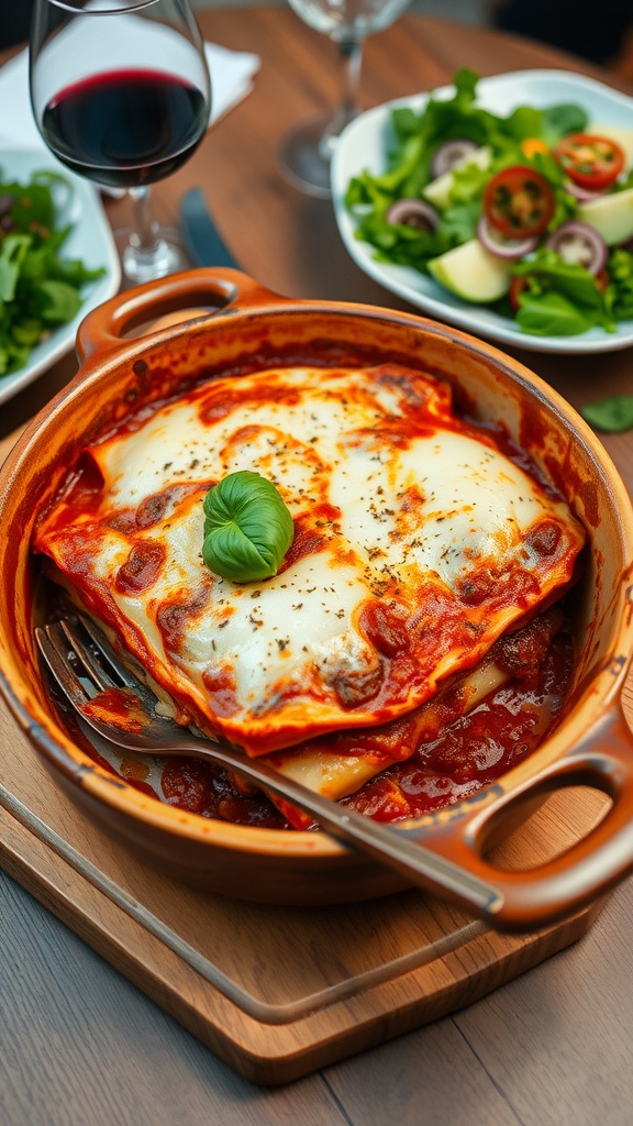 A serving of classic lasagna with cheese and meat sauce, garnished with basil, on a rustic table.